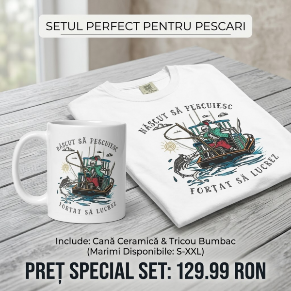 Set Cadou Pescari: Tricou din Bumbac + Cană Ceramică „Născut să pescuiesc, forțat să lucrez” Set Cadou Pescari: Tricou din Bumbac + Cană Ceramică „Născut să pescuiesc, forțat să lucrez”