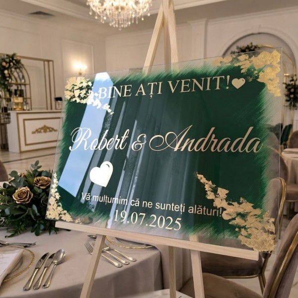 Panou de Bun Venit Personalizat - Emerald & Gold Leaf Elegance