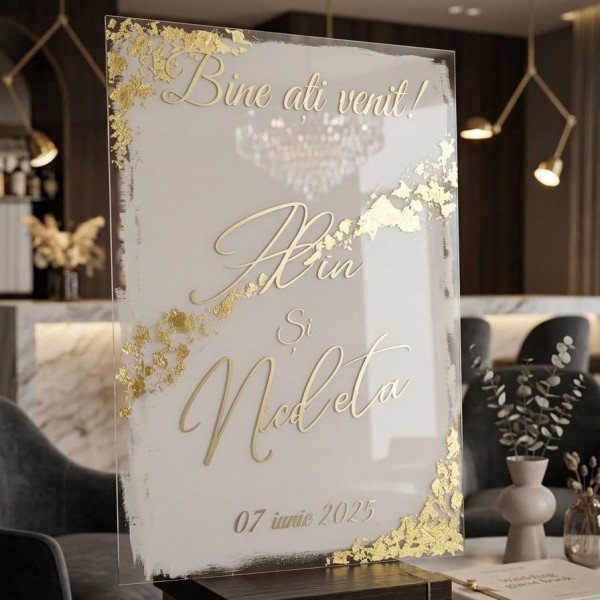 Panou de Bun Venit Personalizat – Gold Leaf & Acrylic Elegance