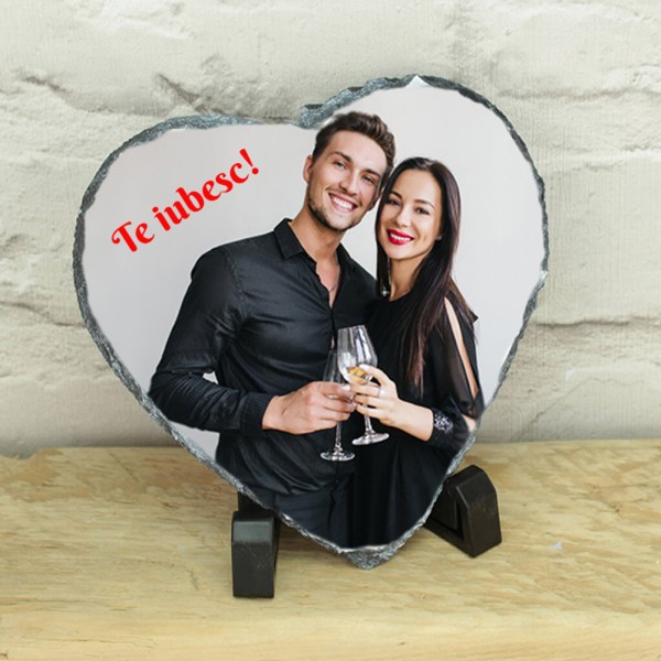 Placa ardezie inima  cu mesaj Te iubesc si poza